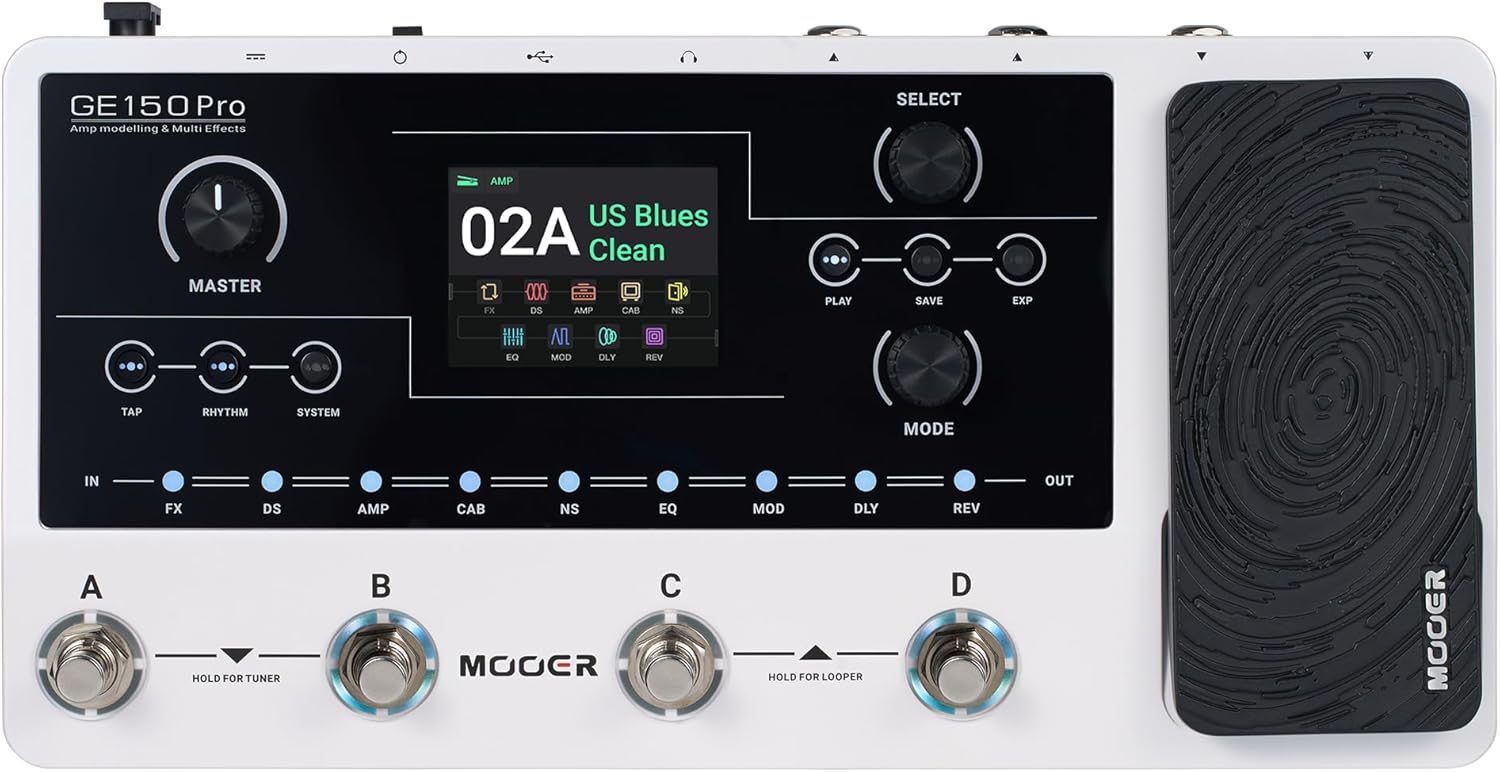 MOOER GE150 Pro Guitar Multi Effects Processor, 200 Presets & 170 Effects, NAM & MNRS Support, 55 Amp Models, 26 Cab Sims, 20 IR Slots, USB OTG Recording, 4-Footswitch, Looper & Expression Pedal
