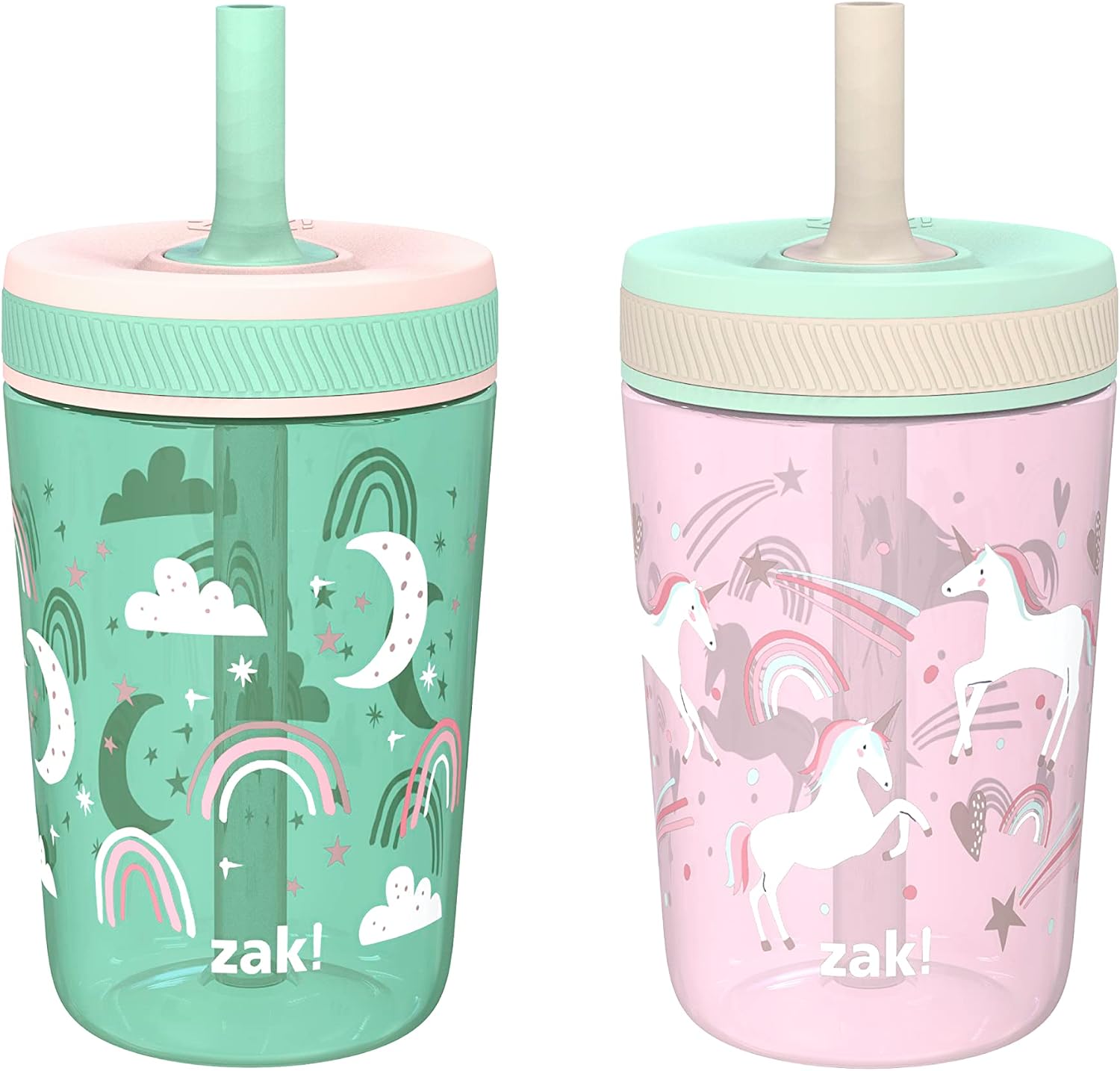 Zak Designs Kelso Toddler Cups For Travel or At Home, 15oz 2-Pack Durable Plastic Sippy Cups With Leak-Proof Design is Perfect For Kids (Fanciful Unicorn, Happy Skies)