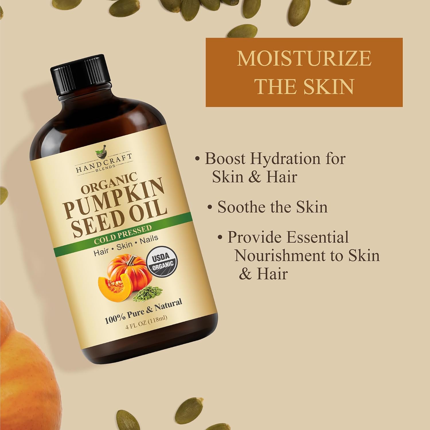 Handcraft Blends Cold-Pressed Organic Pumpkin Seed Oil in Glass Bottle - 4 Fl Oz - 100% Pure and Natural - Premium Grade Carrier Oil for Hair, Skin, Nails - Ayurvedic Skin Care