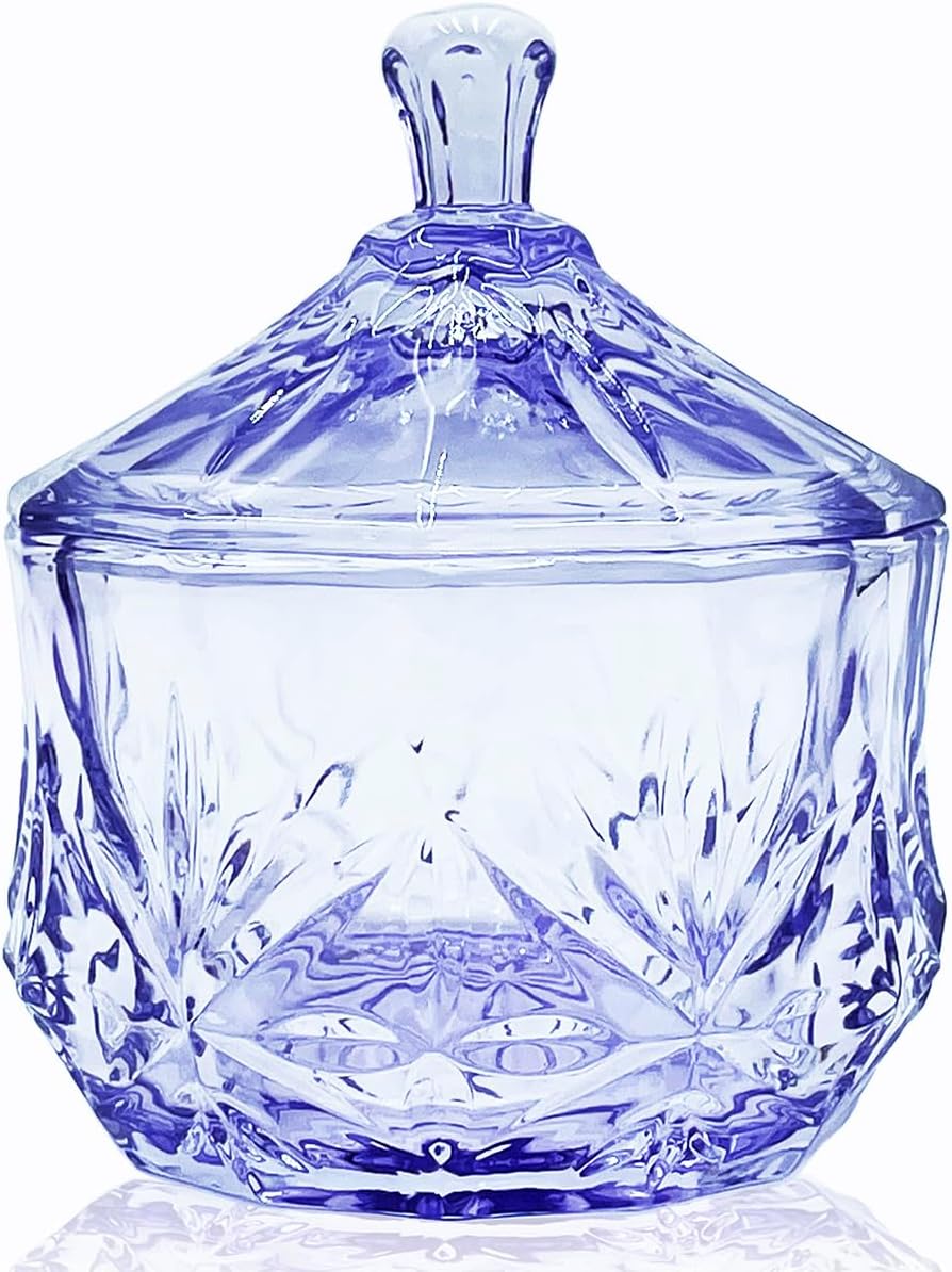 8oz Glass Candy Dish with Lid,Small Crystal Halloween Candy Jar,Cotton Round Holder,Office,Bathroom,Dining Room Organizer(Purple)