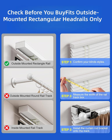 Over-Blinds Curtain Rod Brackets for Outside-Mounted Blinds, Blinds Curtain Rod Brackets for 1.3–2” Rectangular Headrails, Tool-Free No-Drill Installation for Apartments, Rentals Set of 2 (Black)