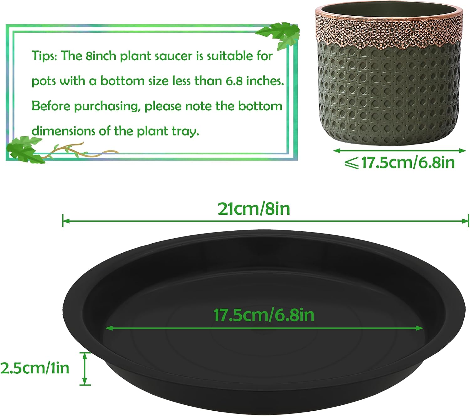 12 Pack 8 Inch Round Plant Saucers for Less 6.8 Inch Pot Indoors Outdoors Plant Trays for Pots Planter Saucer Plastic Plant Drip Tray Planter Water Tray for Potted Plants (Black, 8"(12pcs))
