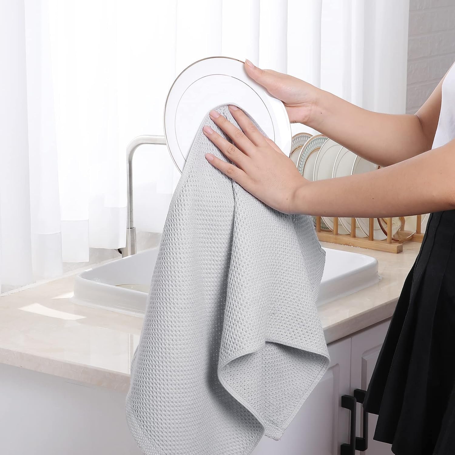 Homaxy 100% Cotton Waffle Weave Kitchen Dish Towels 6-Pack, Light Gray
