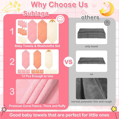 12 PCS Baby Towels Set, Baby Bath Towels for Newborn Baby Bath Essentials