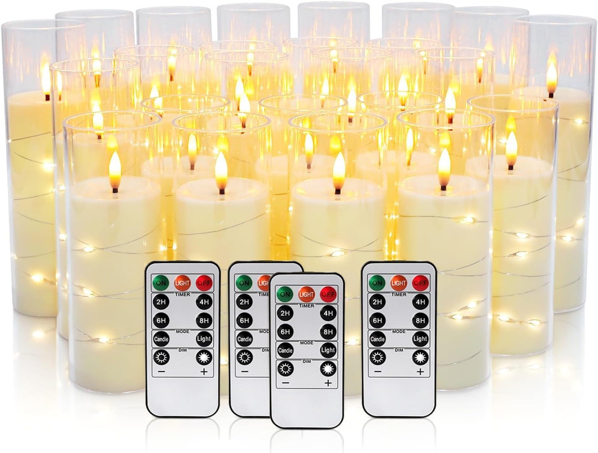 24 Pcs LED Flameless Candles with Remote, 3D Flickering Flame & LED String Lights, Acrylic Clear Cylinder, Timer Function, Romantic Ambience for Home Decor, Party, Wedding (Ivory).