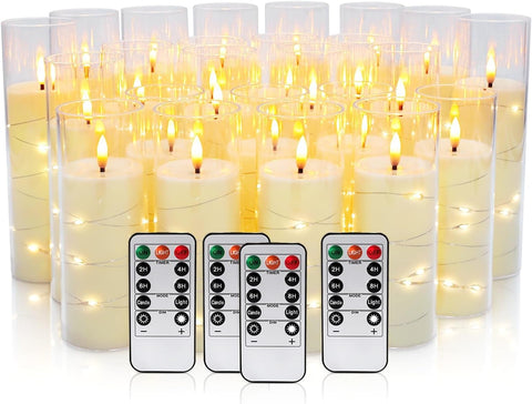 24 Pcs LED Flameless Candles with Remote, 3D Flickering Flame & LED String Lights, Acrylic Clear Cylinder, Timer Function, Romantic Ambience for Home Decor, Party, Wedding (Ivory).
