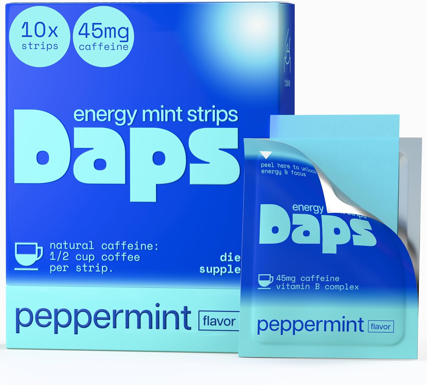 Daps Mint Energy Strips - 45mg Natural Caffeine + B-Vitamins - Fast-Acting Energy Supplement - Works Faster Than Coffee - On-The-Go, Sugar Free - Peppermint, 10 Strips