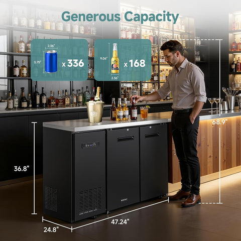 BODEGA Commercial Bar Cooler with 2 Solid Doors, 12 Cu.Ft Back Bar Refrigerator, Beverage Refrigerator for Beer Soda Wine,LED Light, Stainless Steel Top,6 Casters, for Kitchen Buffet Table