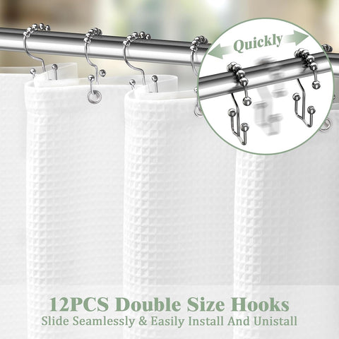 3 in 1 Shower Curtain Set Waffle Shower Curtain with Hooks and Liner Set, Cotton White Fabric Shower Curtains for Bathroom, Washable, 72Wx72L
