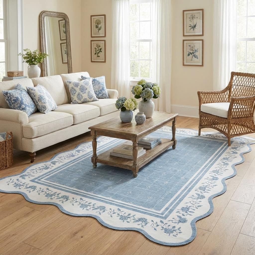 Garvee Washable Rugs for Living Room 8x10 Area Rugs Scalloped Rug Blue