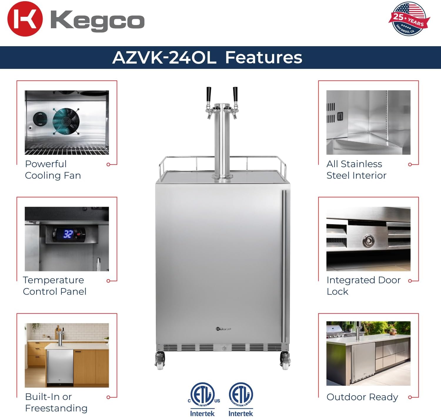 Kegco 24" Wide Outdoor Build-In Dual Tap Stainless Steel Left Hinge Kegerator with Dispense Kit
