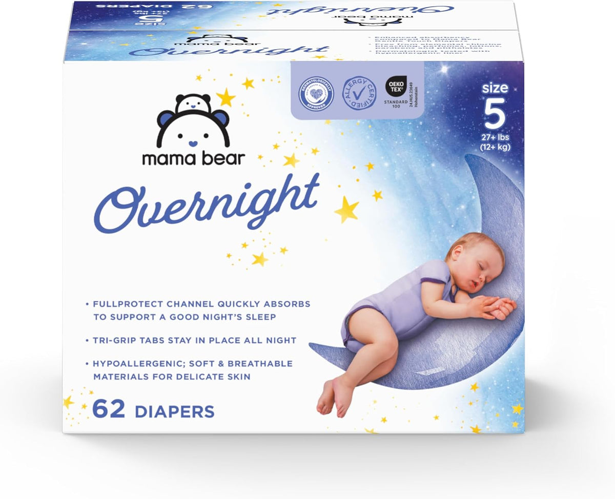 Amazon Brand - Mama Bear Overnight Baby Diapers with Leak Protection and Skin Protection, Fragrance-Free, Size 5, 62 Count, Maximum Absorbency