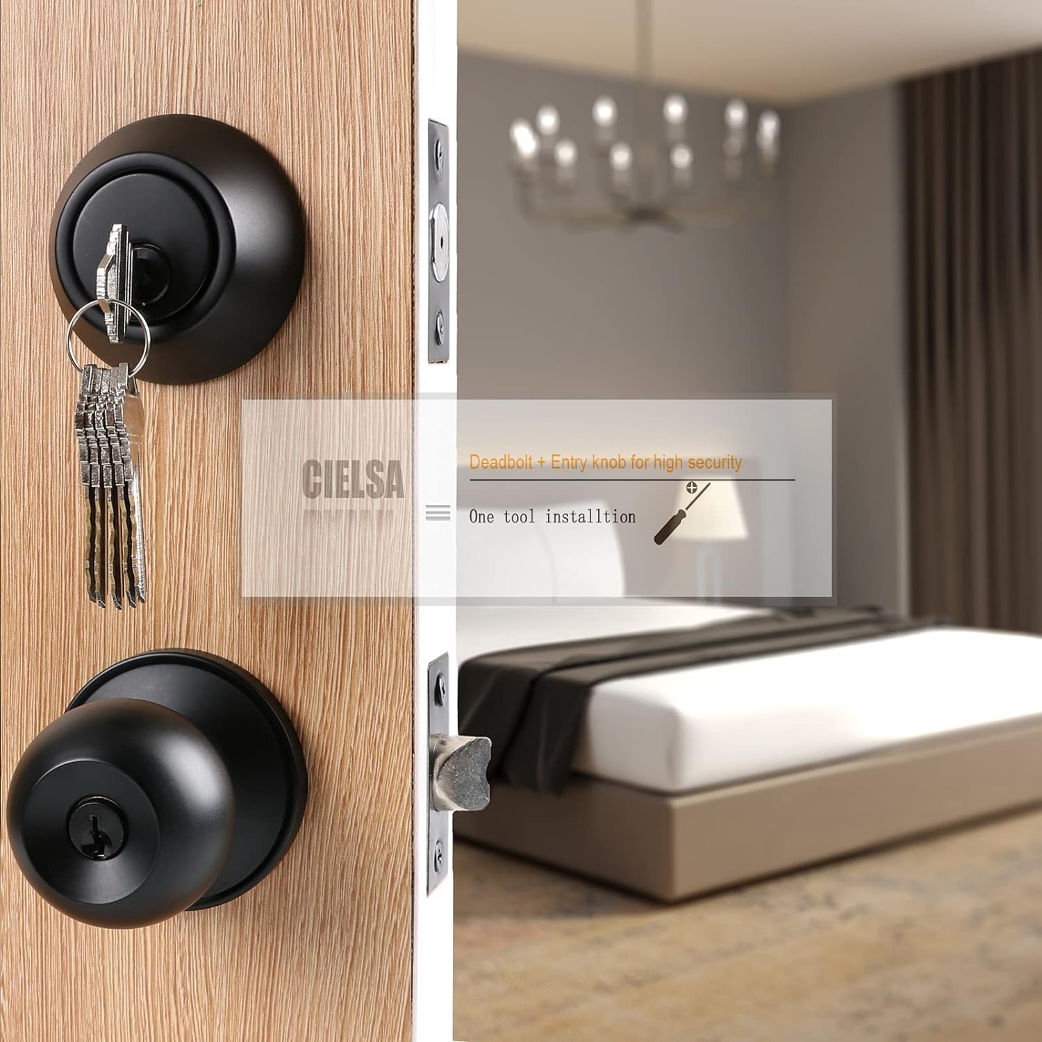 Value Pack Door Lock with Key and Deadbolt, Keyed Alike Exterior Door Handle Set for Front and Entry Doors, Matte Black Finish, 3 Pack