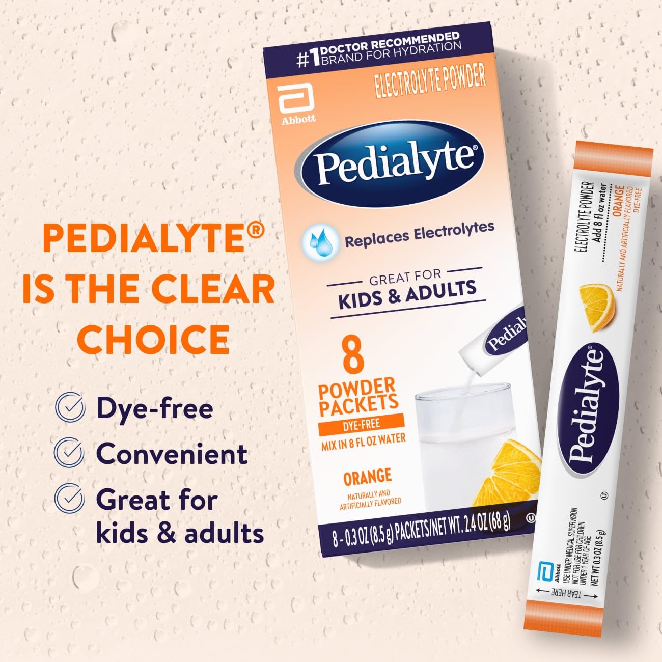 Pedialyte Electrolyte Powder, Hydration Drink for Kids & Adults, Orange, 8 Powder Packets