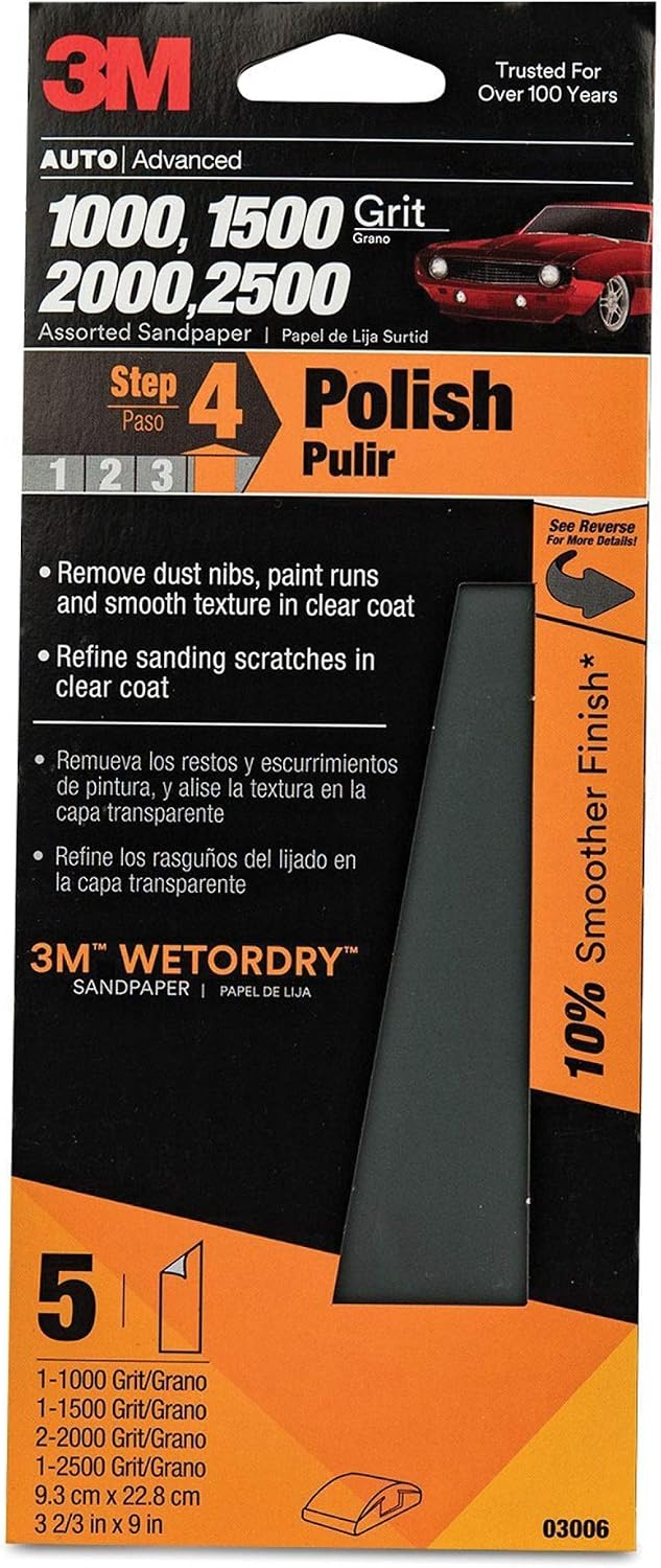 3M Wetordry Sandpaper, 03006, Assorted Grits (1000, 1500, 2000, 2500), 3 2/3 in x 9 in, 5 sheets total per pack