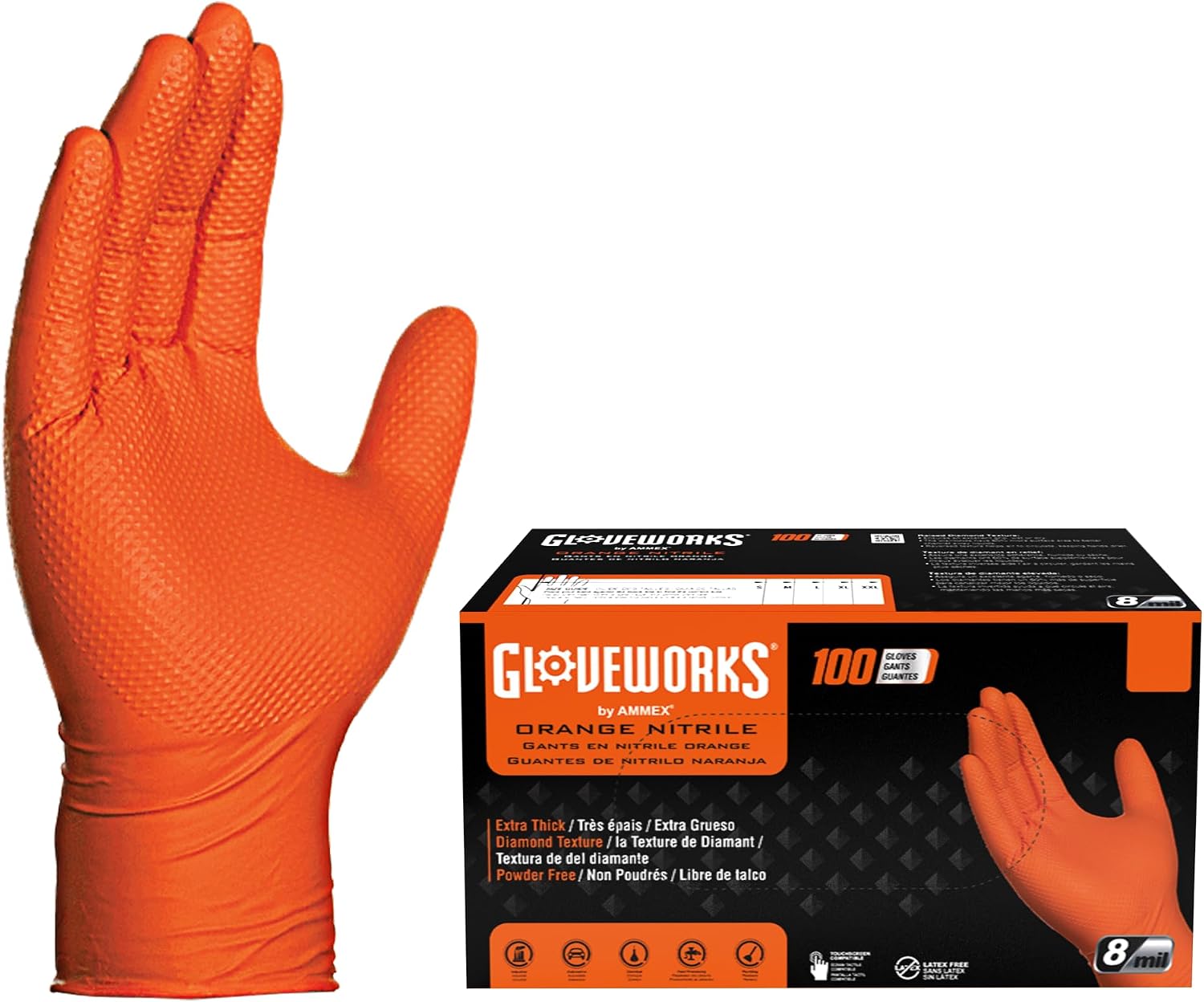 GLOVEWORKS Nitrile Gloves Disposable Orange 8 mil