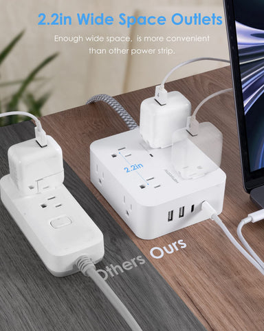 6Ft Surge Protector Power Strip with USB C, Extension Cord with 8 Wide Outlets(2.2 IN) and 4 USB Ports(2 USB C), Flat Plug, Wall Mount, 3 Side Outlet Extender for Home Dorm Room Essentials, ETL Listed