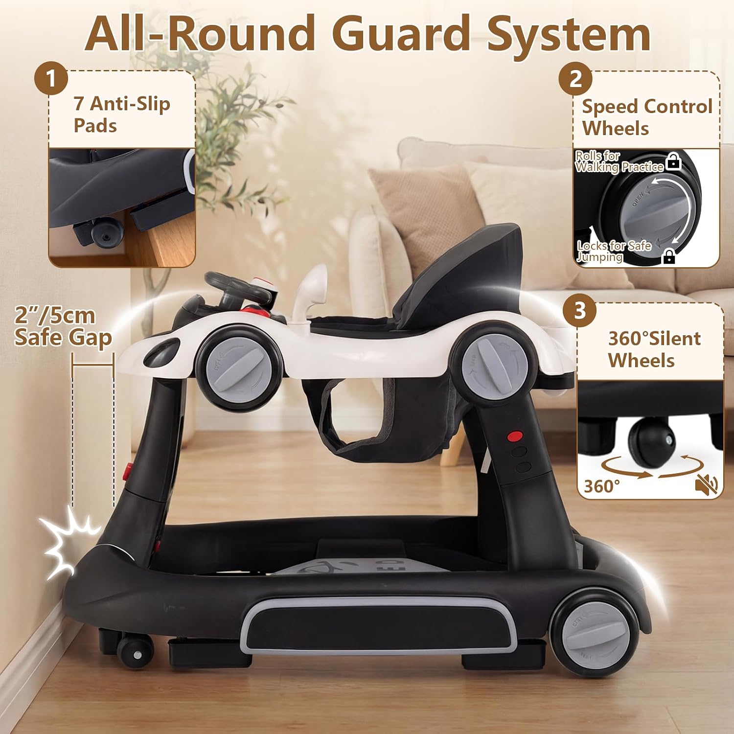 INFANS 9-in-1 Foldable Baby Walker with Handle, Sun Canopy, Dark