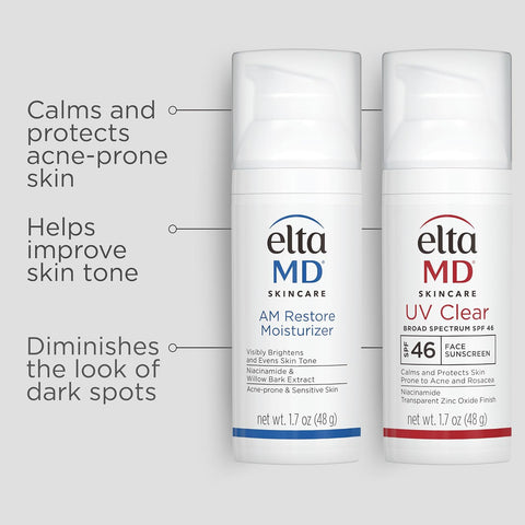 EltaMD Clear Skin Daily Duo Kit with AM Restore Facial Moisturizer and UV Clear SPF 46 Face Sunscreen, For Acne Prone and Sensitive Skin