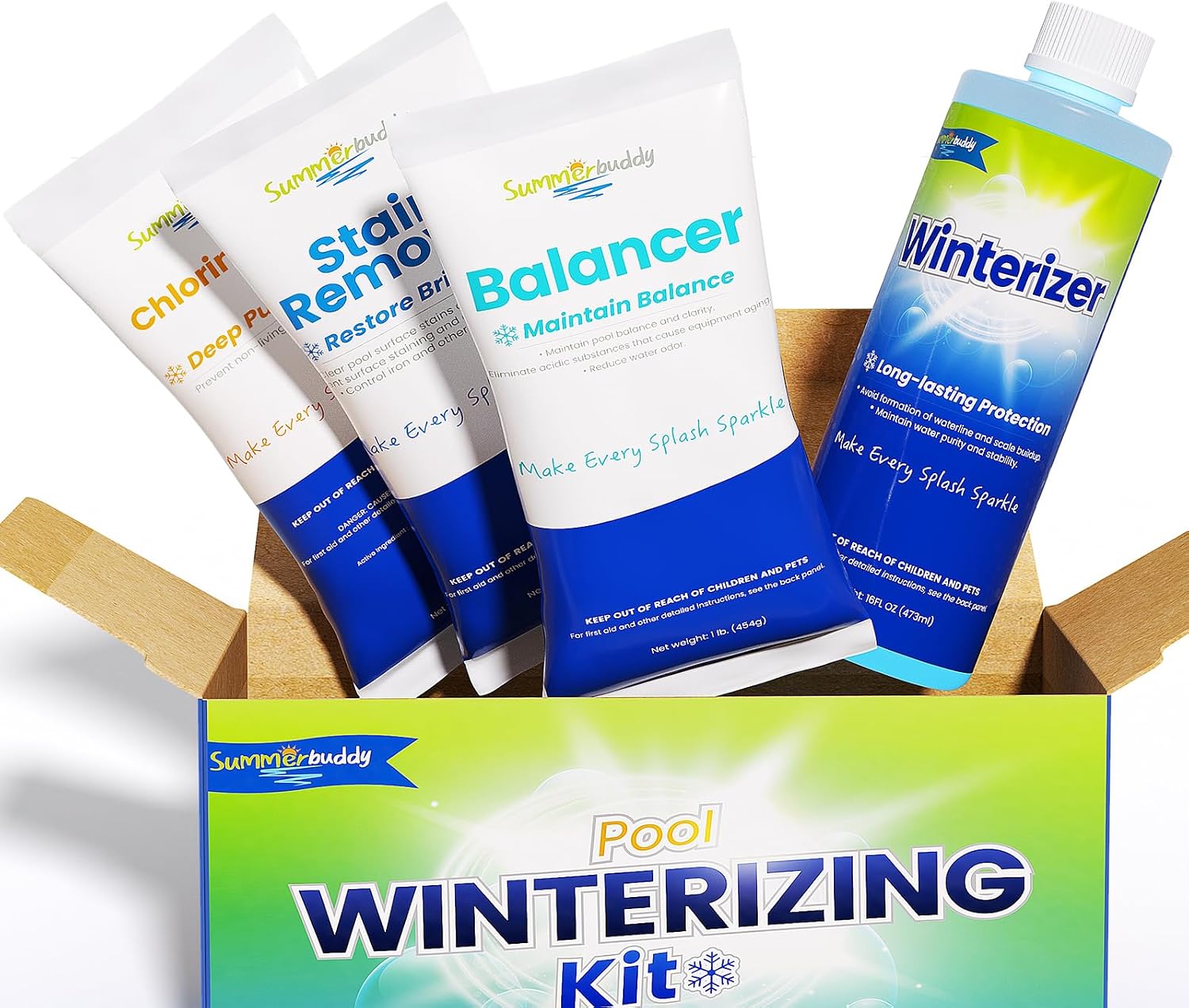 SUMMERBUDDY 4 in 1 Pool Winterizing Kit for Above Ground Pool Handle Up to 15,000 Gallons, Pool Closing Kit, Winter Pool Closing Kit, Winterizer for Inground Pools