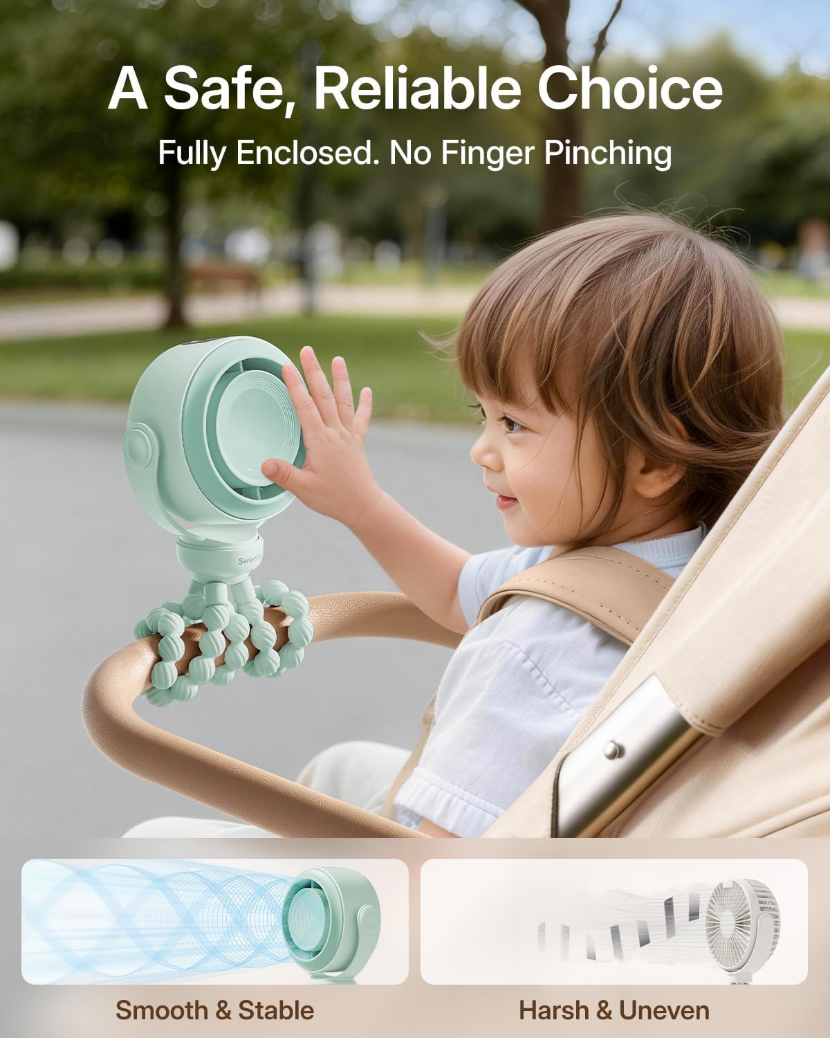 SWEETFULL Portable Stroller Fan, Pinch-Proof Baby Fan - Green