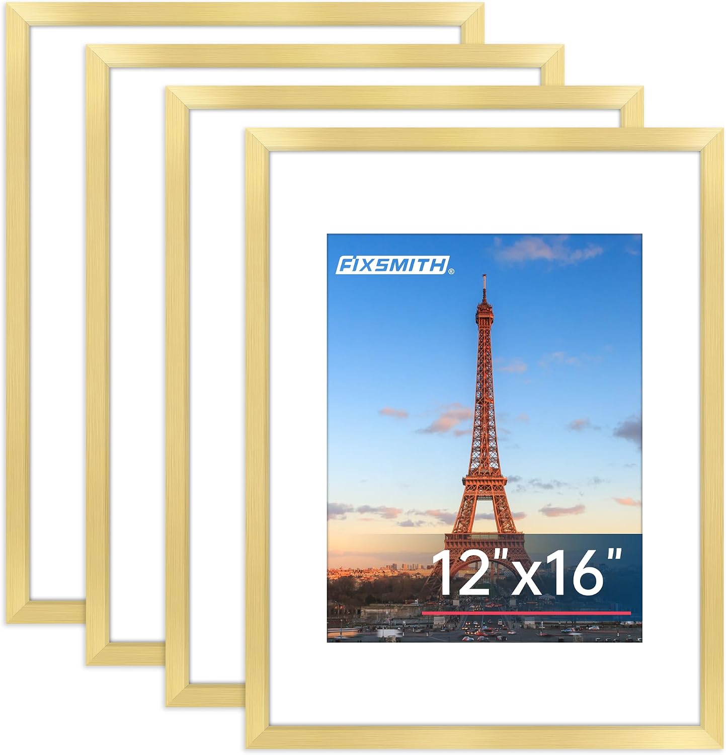 FIXSMITH 12x16 Picture Frame Gold Set of 4, Photo Frame with HD Plexiglass, Display Pictures 8.5x11 with Mat or 11x17 Without Mat, Gold Picture Frames Collage Wall Decor, Gallary Wall Frame