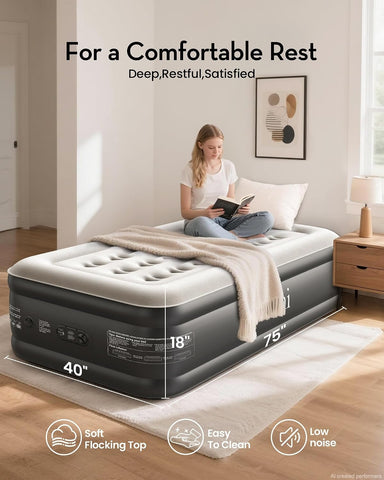 OhGeni Twin Air Mattress with Built in Pump, 18" Raised Blow Up Bed, 500lb