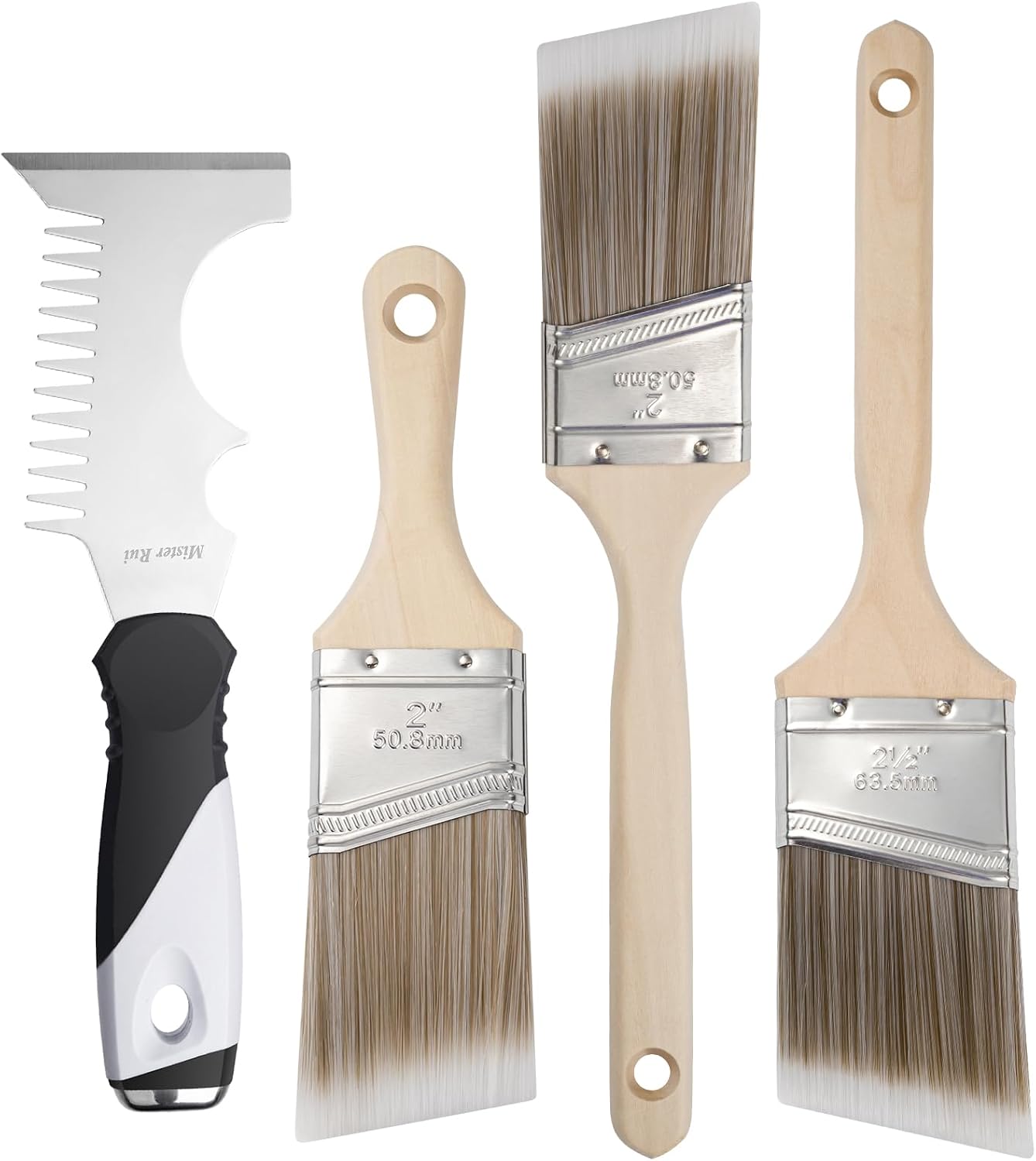 Mister Rui Angled Paint Brush 4 Pieces Set, with Paint Brush Comb Cleaner