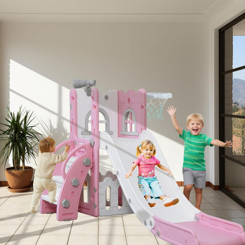 LulliSpace 6 in 1 Toddler Slide,Kids Climber Slider for Indoor Outdoor Playground with Basketball Hoop,Storage and Telescope,L Shaped Slide for Toddler Climber Playset