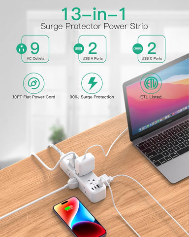10FT Power Strip, 13-in-1 Long Extension Cord with Multiple Outlets with 9 Wide Spaced Outlets and 4 USB Ports, Flat Plug Wall Mount Charging Station for College Dorm Room Essentials, Office, White