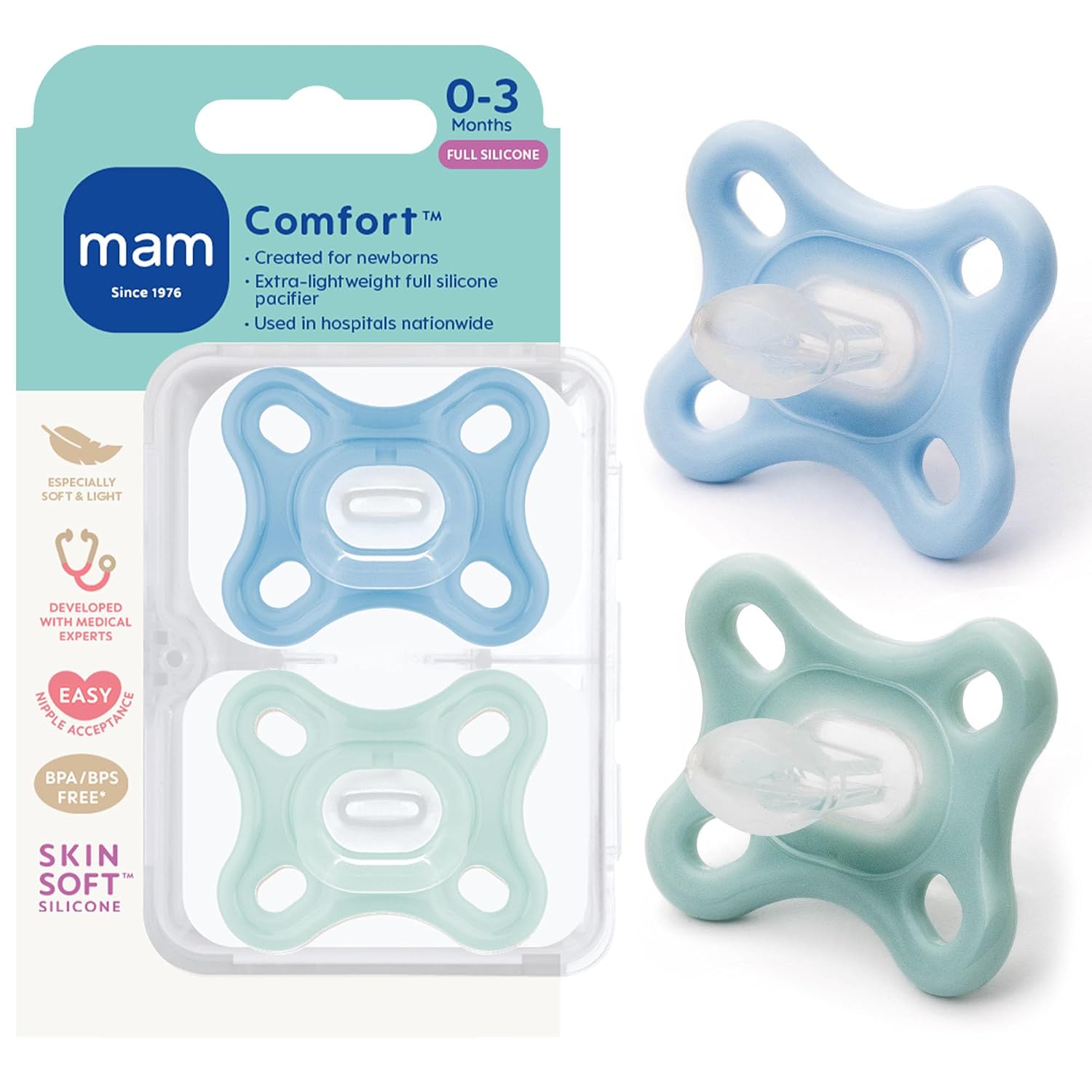 MAM Comfort Baby Pacifier 0-3 Mths Lightweight One-Piece Silicone 2 Count (Pack of 12)