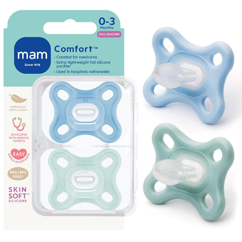 MAM Comfort Baby Pacifier 0-3 Mths Lightweight One-Piece Silicone 2 Count (Pack of 12)