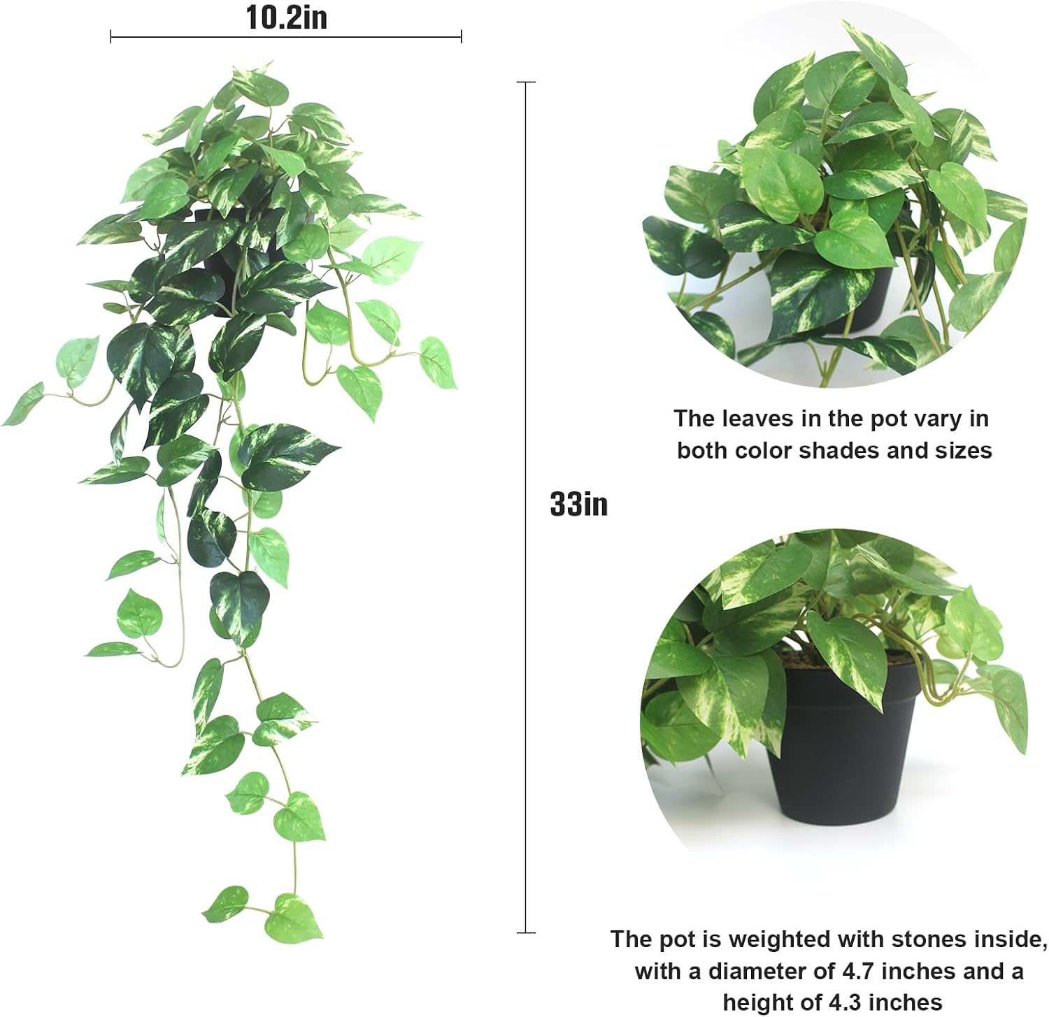 Fake Pothos Hanging Plants - 33" Set of 2 Artificial Silk Ivy Vines with Pots, Realistic Faux Greenery for Indoor Home Office Bathroom Decor, Low Maintenance Hanging Plant Decoration - Golden Green