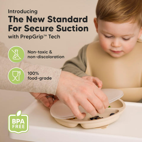 KeaBabies Suction Plates with Lids for Baby, 3pk, BPA-Free Silicone, Slate