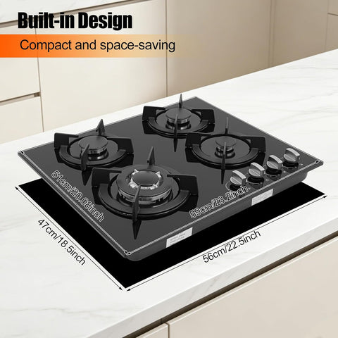 4 Burner Gas Cooktops, Built-in Countertop Gas Stove NG/LPG Tempered Glass Electronic Ignition Hob with Tempered Glass Panel for Home Kitchens, Restaurants，RV and Outdoor Use