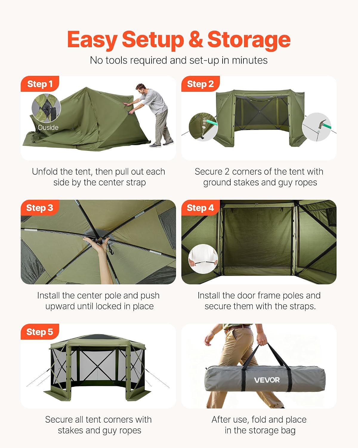VEVOR Pop up Gazebo Screen Tent, 10 x 10 ft Large 6-Sided Camping Canopy Tent with Removable Top & Carry Bag, Quick-Set & Bite-Proof, Screen House Sun Shelter for 6-8 Persons Backyard Patio, Green