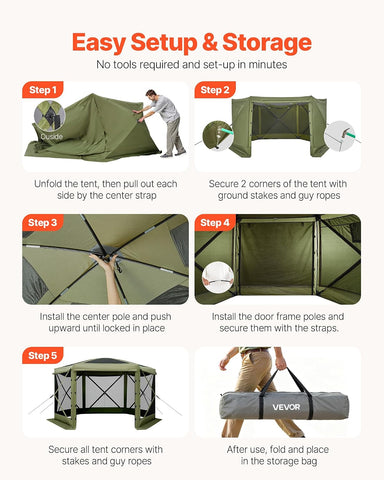 VEVOR Pop up Gazebo Screen Tent, 10 x 10 ft Large 6-Sided Camping Canopy Tent with Removable Top & Carry Bag, Quick-Set & Bite-Proof, Screen House Sun Shelter for 6-8 Persons Backyard Patio, Green