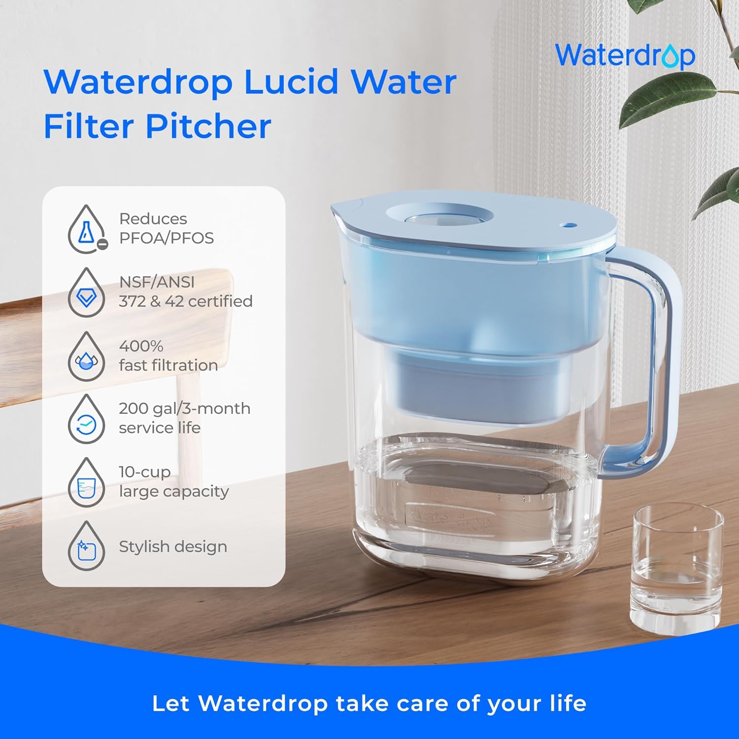 Waterdrop PT-07B Water Filter Pitcher, 10-Cup, NSF Certified, Blue