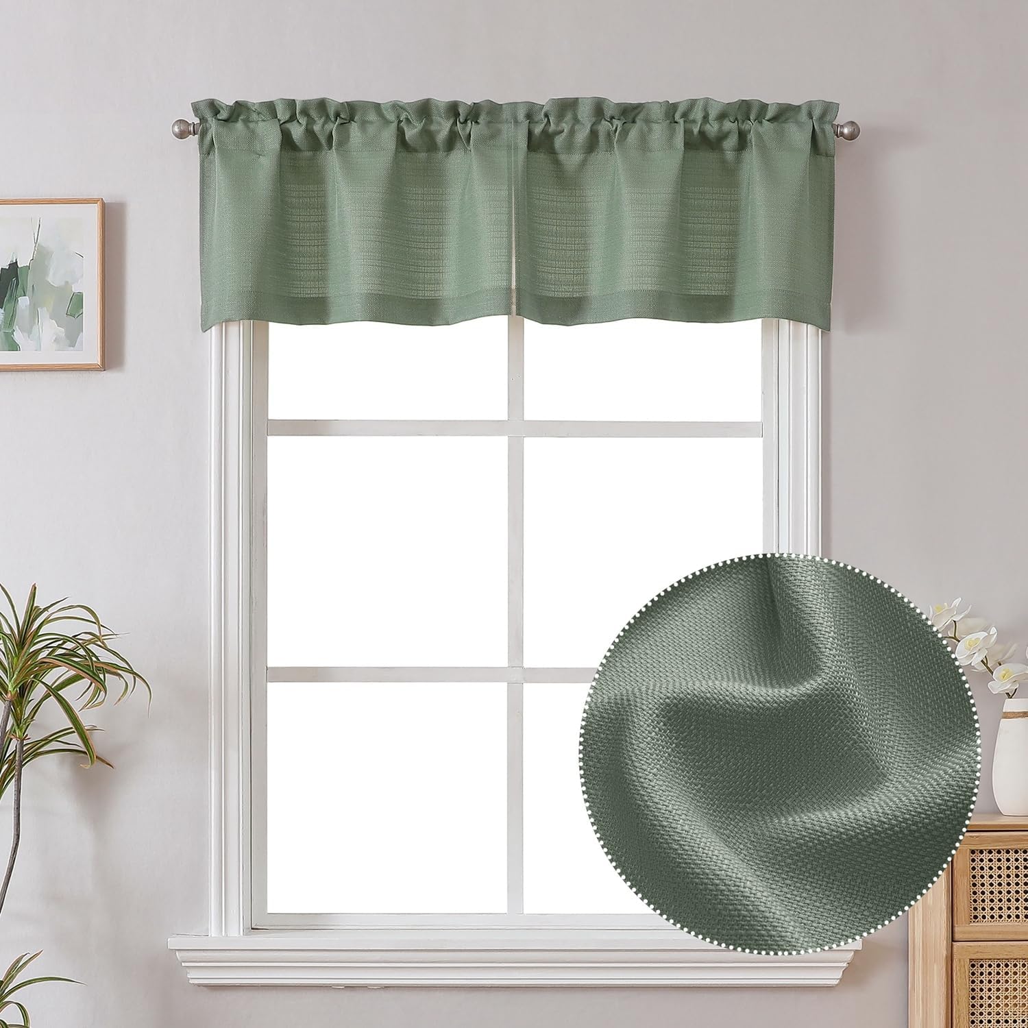 Chyhomenyc Sage Green Valance for Windows, Faux Linen Slub Textured Semi Sheer Small Window Valance Curtain for Kitchen Bathroom Cafe Laundry Basement, 30Wx14L inch, 2 Piece
