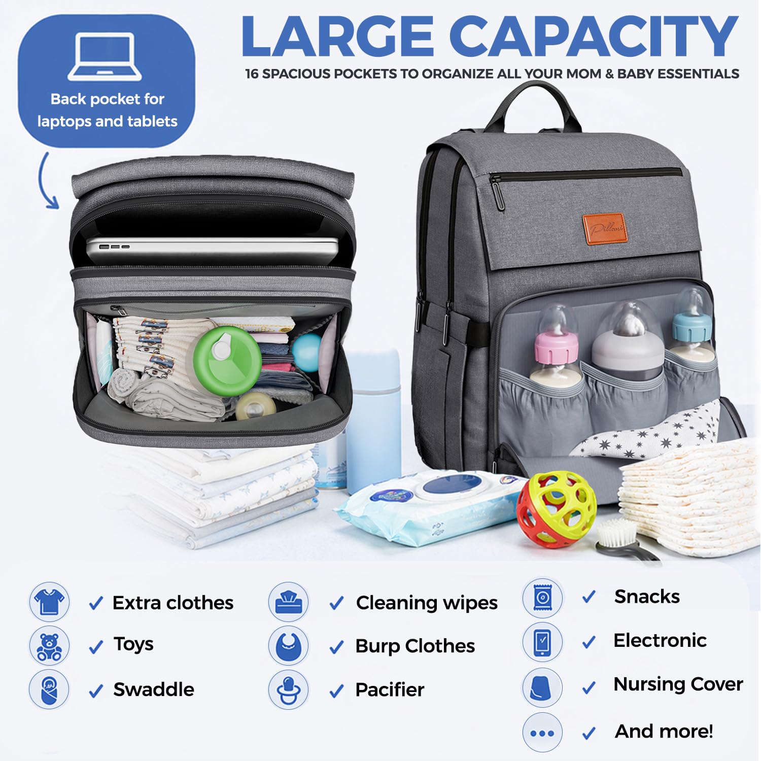 Pillani Baby Diaper Bag Backpack - Baby Bag for Girls & Boys, Large Waterproof Diaper Backpack - Baby Shower Gifts for Boys & Registry Must Haves - Travel Diaper Bags with Changing Pad - Newborn Stuff