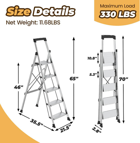 HBTower 5 Step Ladder, Lightweight Aluminum Folding Step Stool