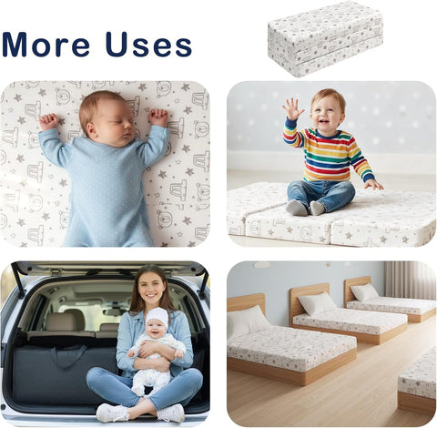 RSN Trifold Pack and Play Mattress 38'' x 26'' x 3'', Soft Baby Memory Foam Pack N Play for Toddlers, Portable Mini Travel Crib Playpen Mattress with Waterproof Washable Cover and Carry Bag