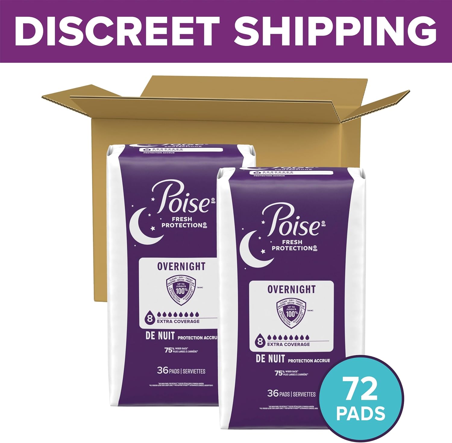 Poise Overnight Incontinence Pads for Women, 8 Drop, 72 ct