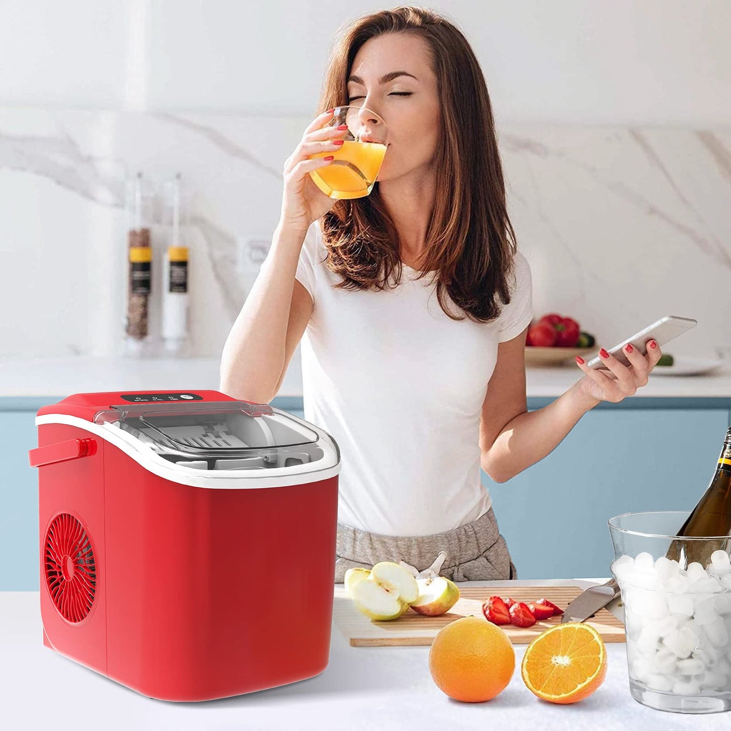 Countertop Portable Ice Maker Machine with Handle, 9 Bullet-Shaped Ice Cubes Ready in 6 Mins, 26Lbs/24H, Self-Cleaning Function with Ice Scoop and Basket for Home/Kitchen/Party (Red)