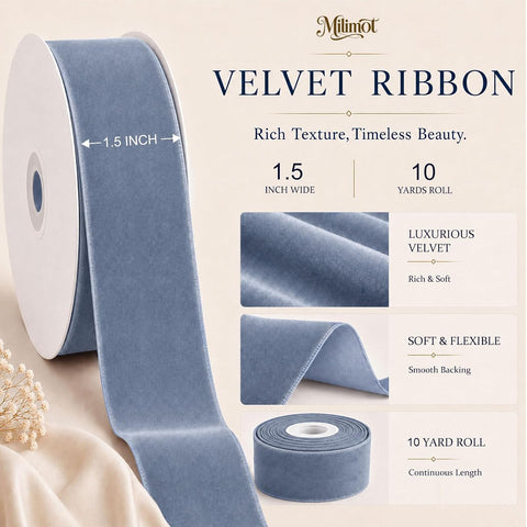 Dusty Blue Velvet Ribbon for Christmas Tree, 1.5 Inch x 10 Yards