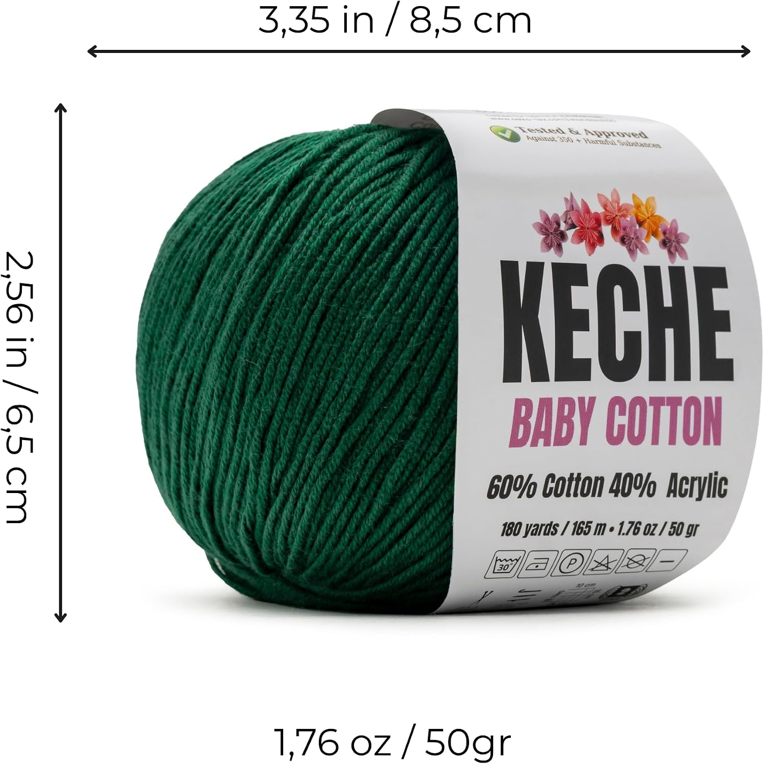 Keche Baby Cotton, 60% Cotton 40% Acrylic Yarn, Soft Cotton Yarn for Crochet and Knitting, Amigurumi Yarn 1 Skein/Ball 1.76 Oz (50g) / 180 Yrds (165m) - Dark Green