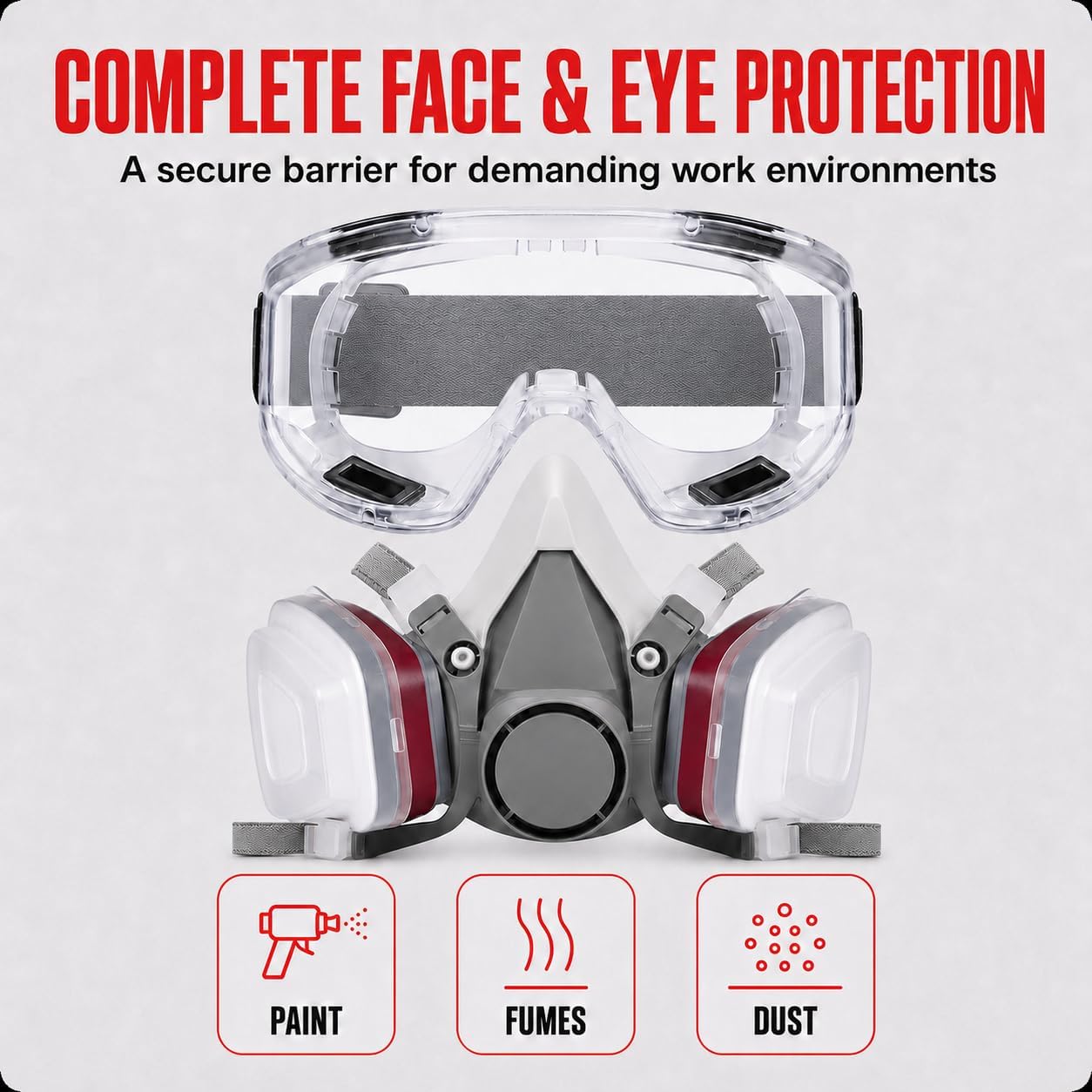 LAUCO Premium Respirator Kit - Reusable Half Face Cover Set with Safety Glasses for Gas, Painting, Machine Polishing, Staining, Car Spraying, Sanding & Cutting, DIY and Other Work Protection