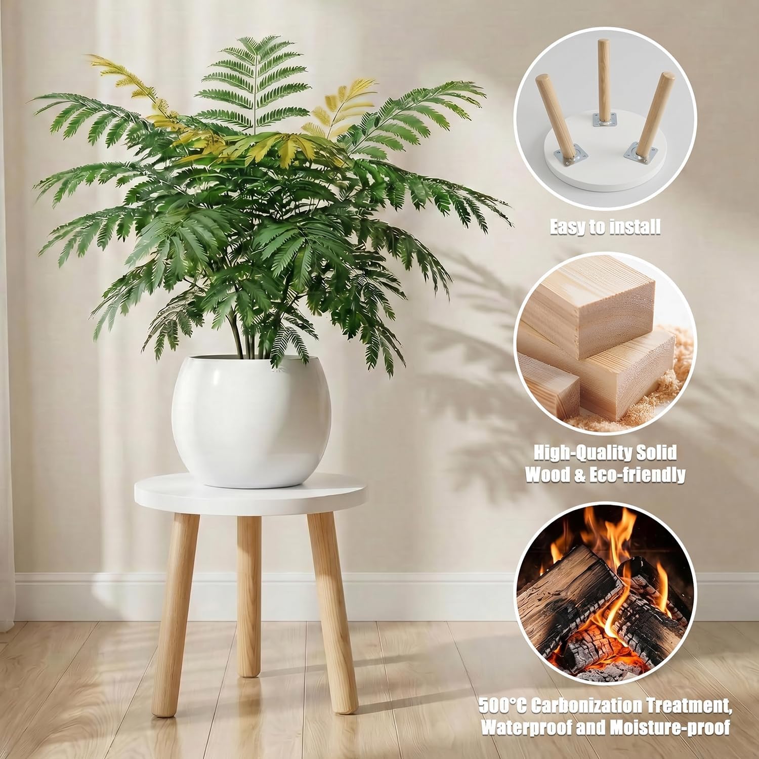 Wood Plant Stands Indoor, White Plant Stand Modern Plant Table for Large Plants, Wooden Plant Stool, Tall Plant Holder Small Round Side for Living Room, Balcony, Office (1 Pack)