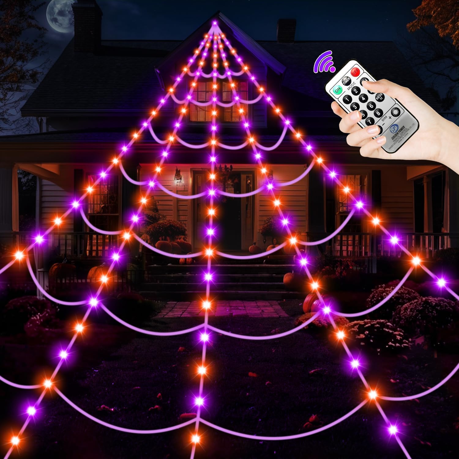 Halloween Decorations Outdoor, 250 LED Halloween Giant Spider Web Lights, 200" Lighted Spiderweb Light up with 8 Modes for Yard Haunted House Decor, Remote Control Without Spider Purple Orange