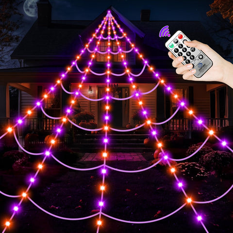 Halloween Decorations Outdoor, 250 LED Halloween Giant Spider Web Lights, 200" Lighted Spiderweb Light up with 8 Modes for Yard Haunted House Decor, Remote Control Without Spider Purple Orange